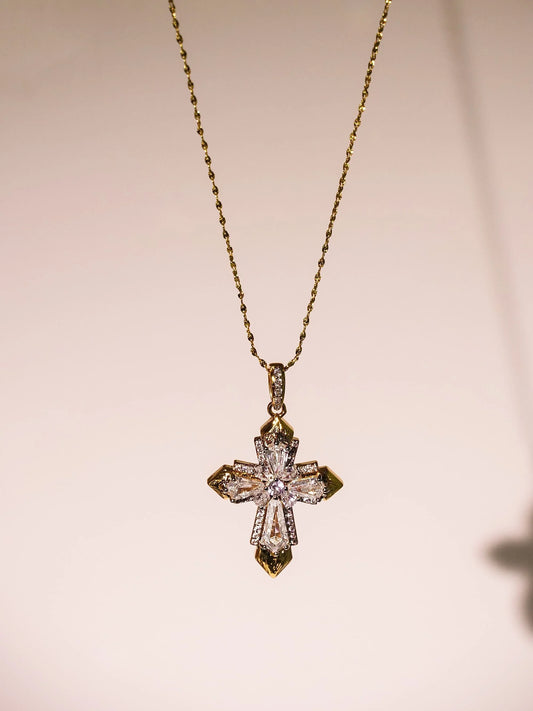 18K Gold Baguette & Round Diamond Cross Necklace