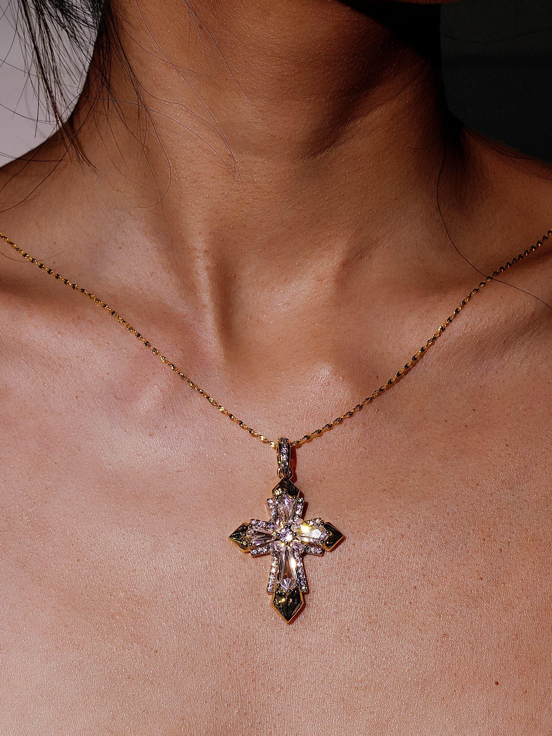 18K Gold Baguette & Round Diamond Cross Necklace