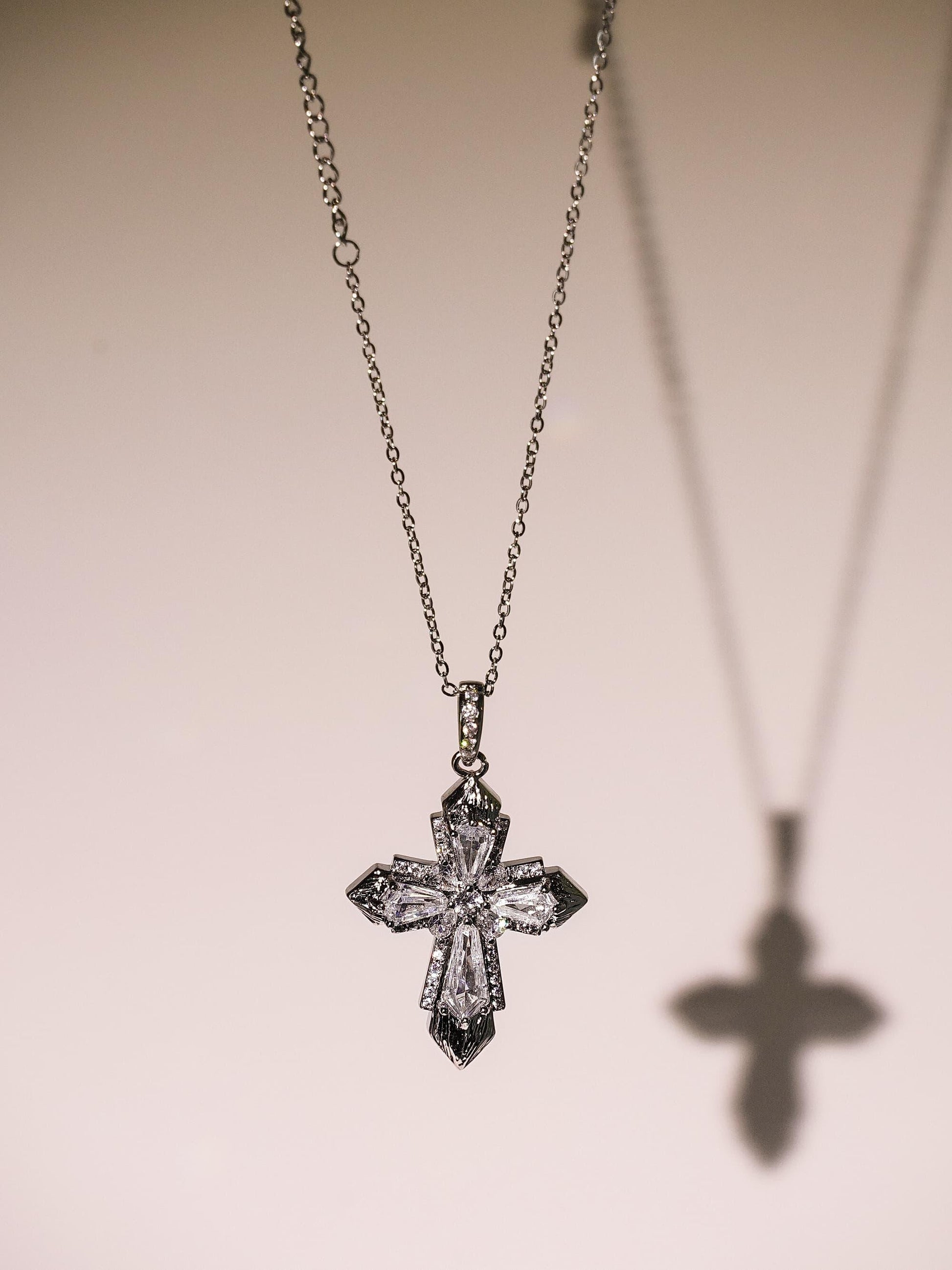 18K Gold Baguette & Round Diamond Cross Necklace