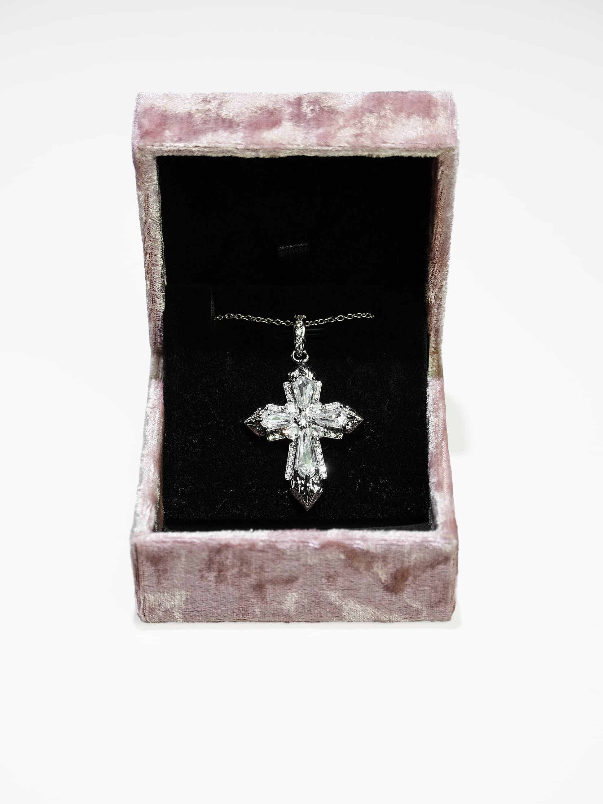 18K Gold Baguette & Round Diamond Cross Necklace