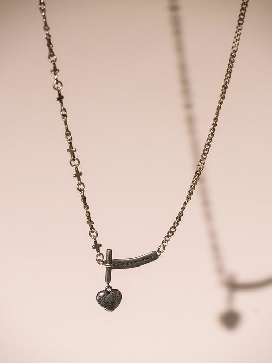 Silver Vintage Heart Necklace With Cross Chain-01