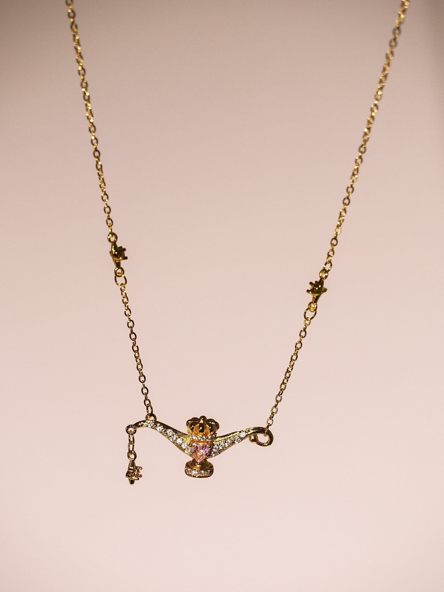 14K Gold Pink Cubic Zirconia Aladdin's Wish Lamp Necklace-01