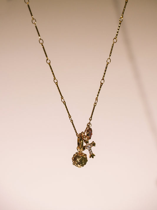14K Gold Vintage Multi Charm Necklace with Heart&Cross&Bubble-01