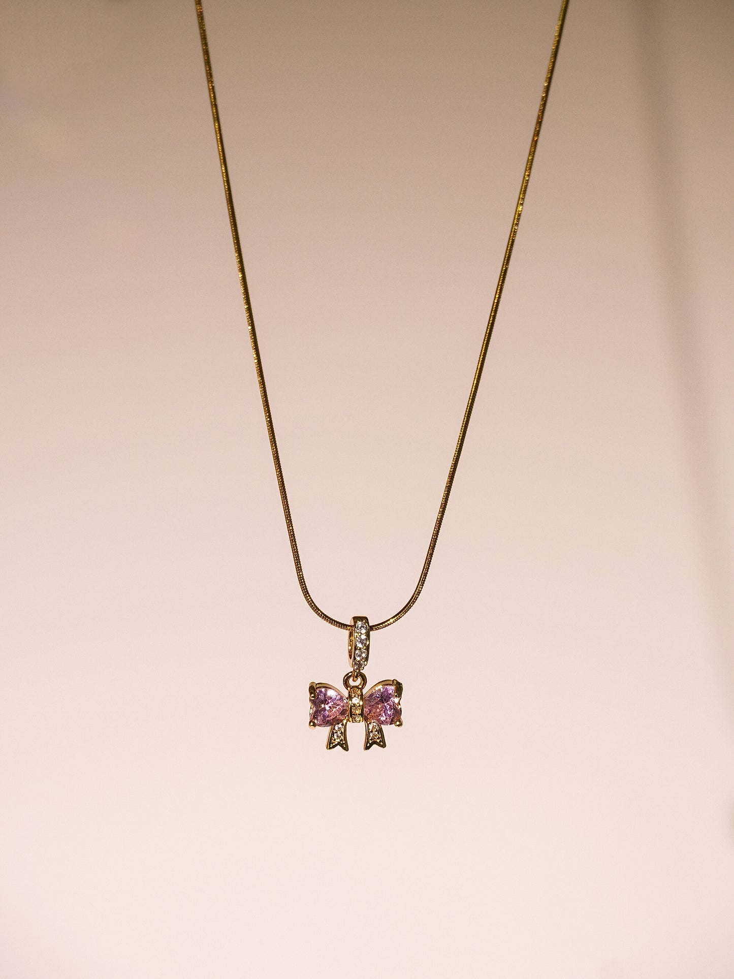 Sweet Pink Heart & Bow Sparkling CZ Pendant Necklace-01