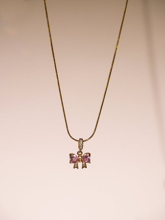 Sweet Pink Heart & Bow Sparkling CZ Pendant Necklace-01