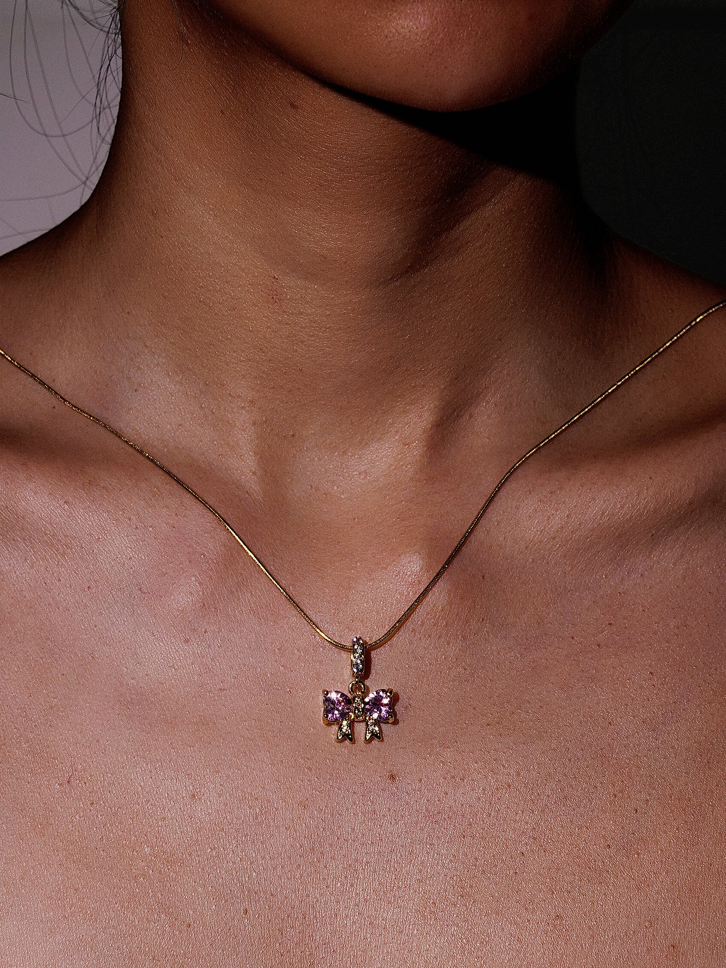 Sweet Pink Heart & Bow Sparkling CZ Pendant Necklace-02