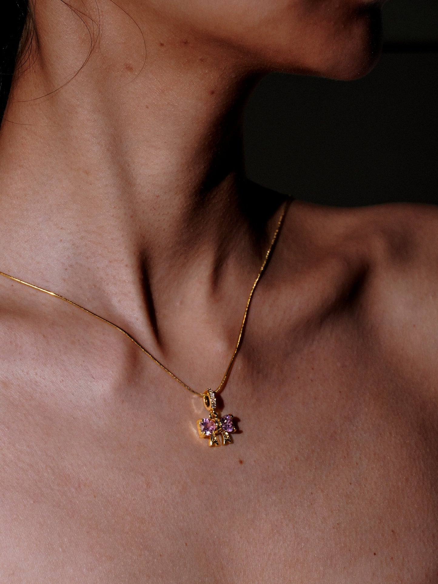 Sweet Pink Heart & Bow Sparkling CZ Pendant Necklace-04