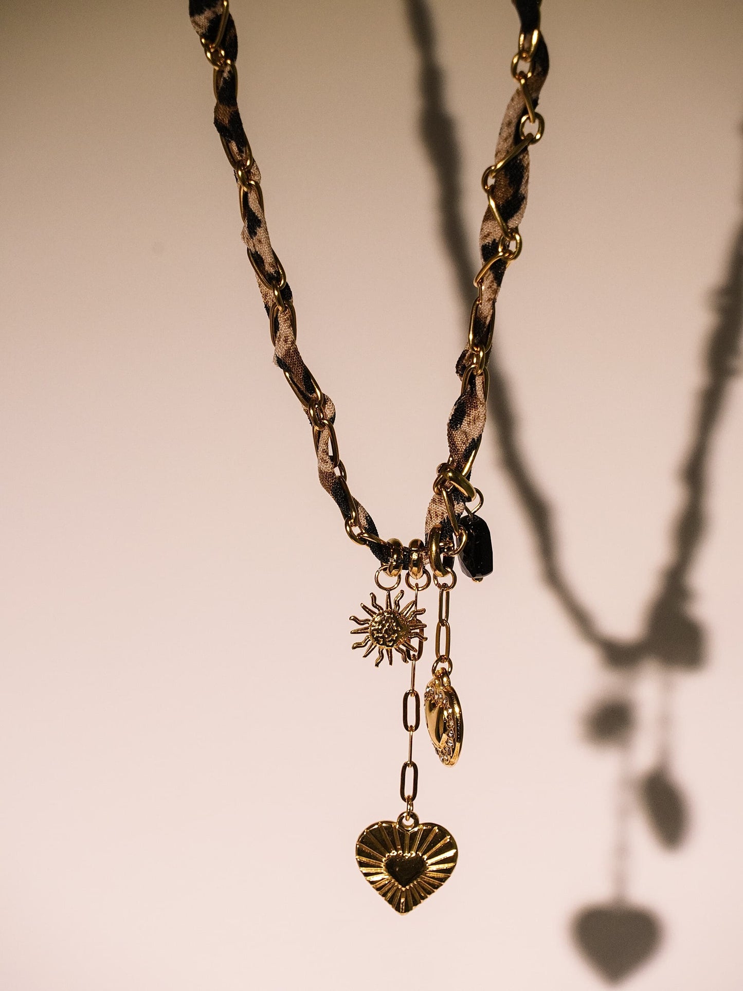 14K Gold Leopard Print Bandana Chain Multi Charm Necklace-01