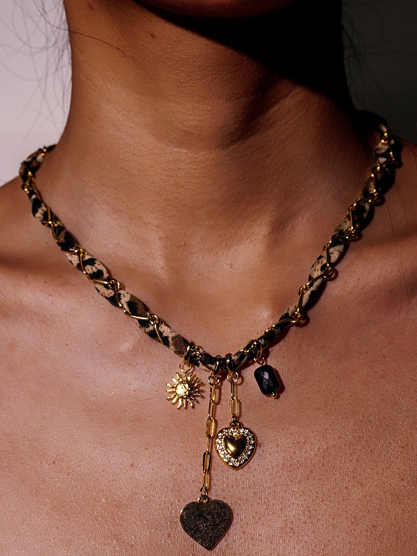 14K Gold Leopard Print Bandana Chain Multi Charm Necklace-02