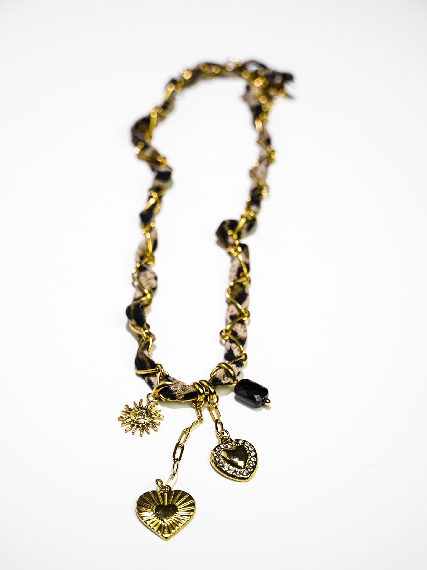 14K Gold Leopard Print Bandana Chain Multi Charm Necklace-05