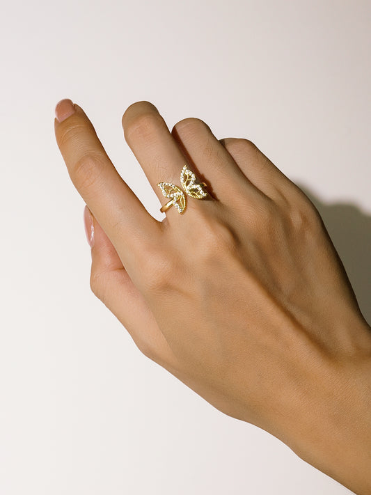16K Gold Cubic Zirconia Butterfly Wings Adjustable Opening Ring-01