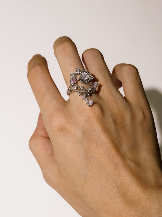 925 Silver Zircon Moon Heart Adjustable Opening Ring-01
