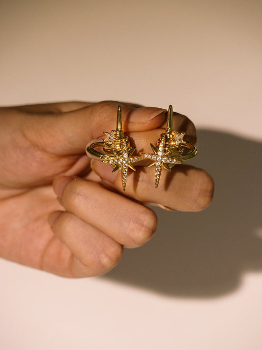 14K Gold/Sliver Four-Point Stars Sparkling Cubic Zirconia  Huggie Earrings-01