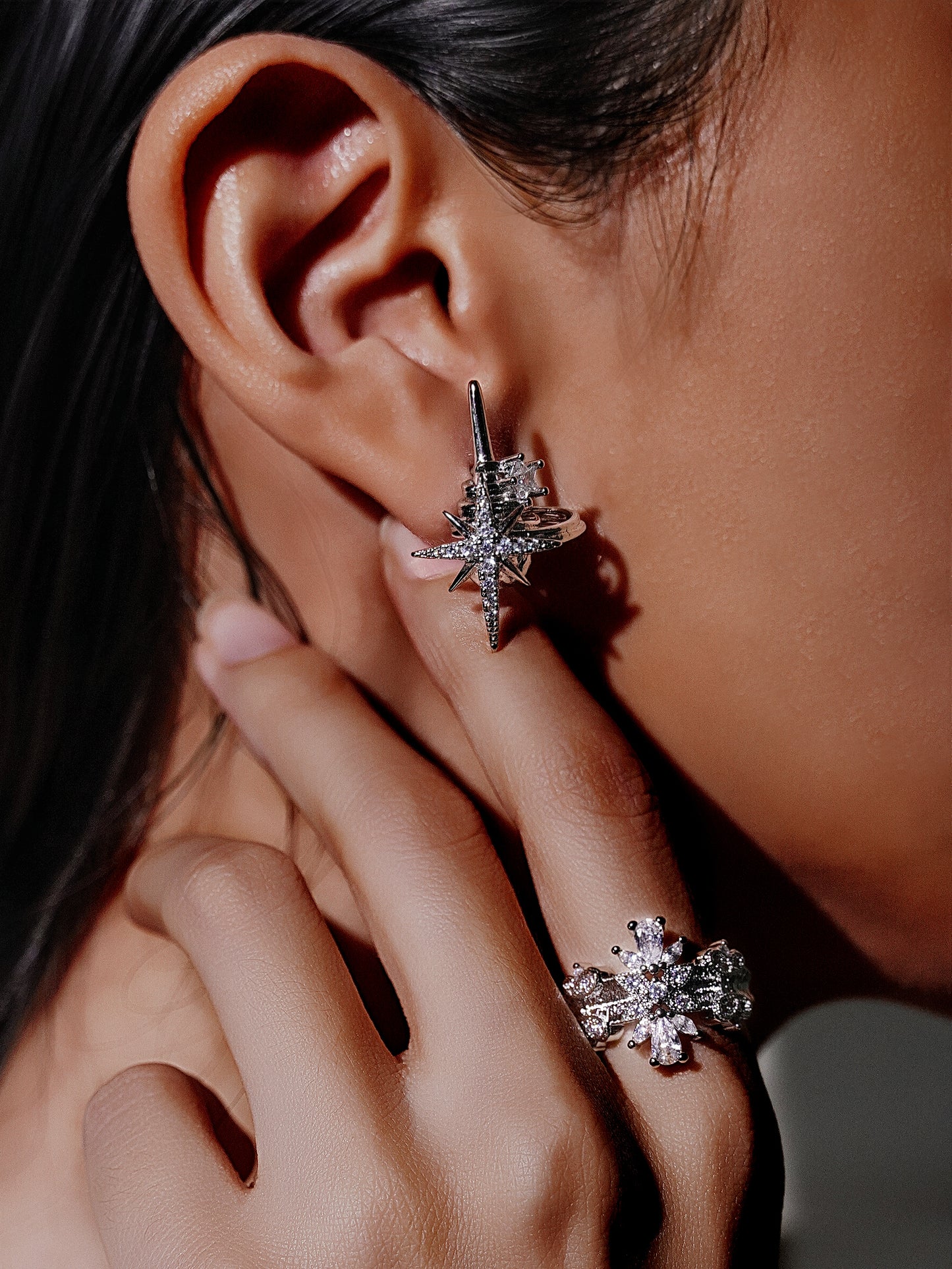 14K Gold/Sliver Four-Point Stars Sparkling Cubic Zirconia  Huggie Earrings-08