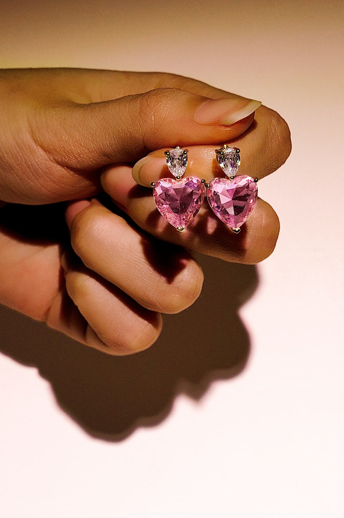 18K Gold Heart Stud Earrings With Pink And Clear Cubic Zirconia