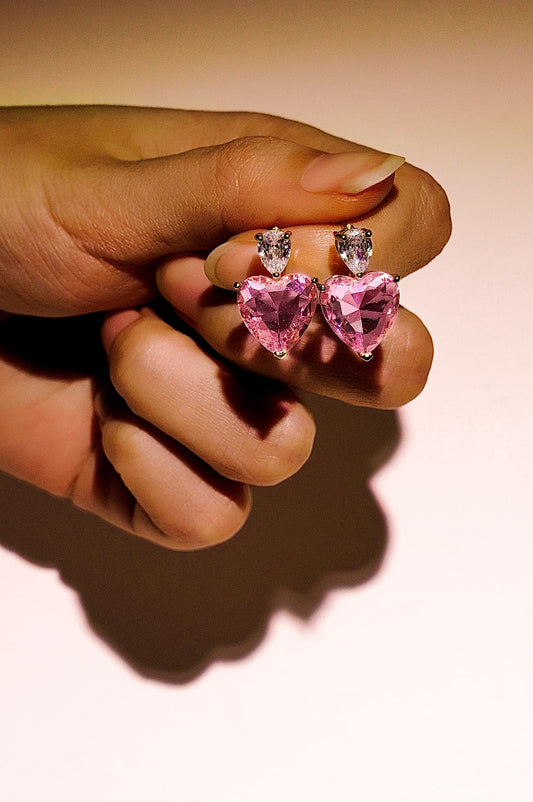 18K Gold Heart Stud Earrings With Pink And Clear Cubic Zirconia