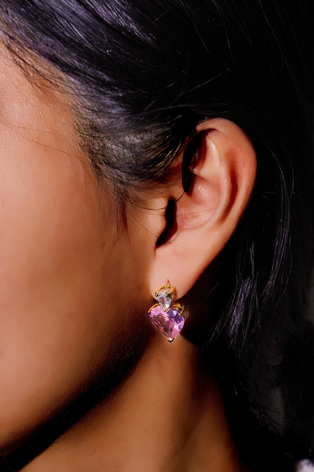 18K Gold Heart Stud Earrings With Pink And Clear Cubic Zirconia