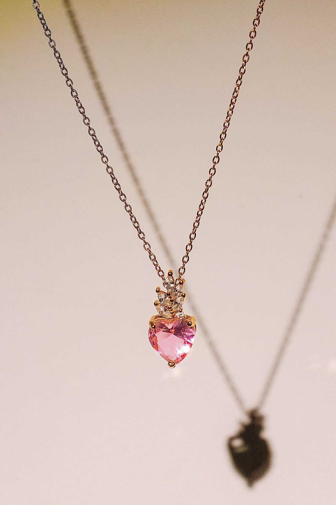 18K Gold Pink Heart Necklace With Clear Cubic Zirconia Stones