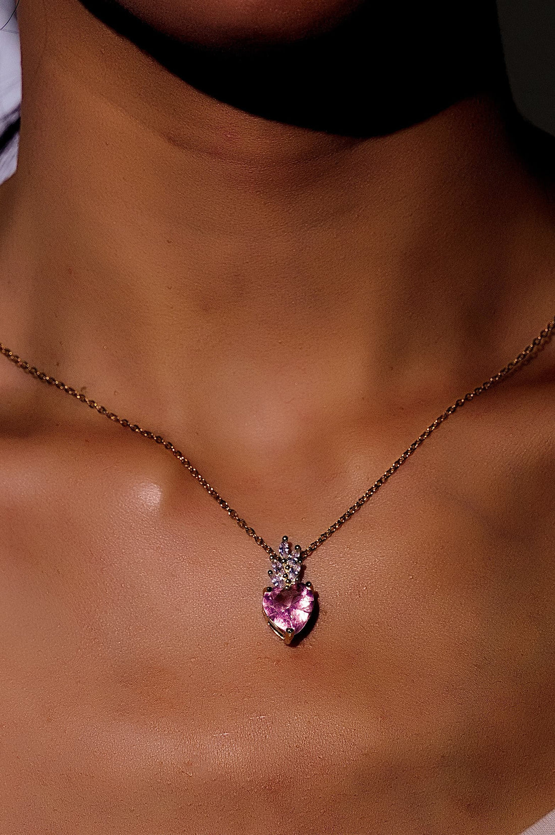 18K Gold Pink Heart Necklace With Clear Cubic Zirconia Stones