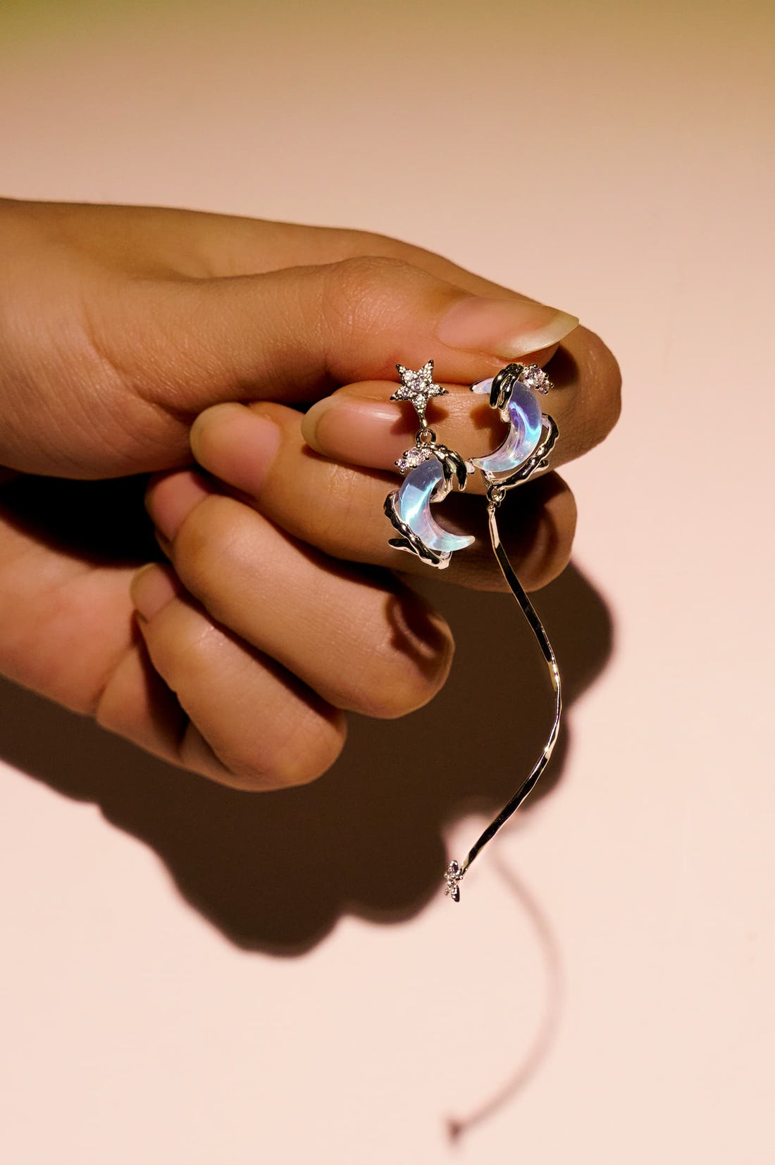 18K White Gold Asymmetric Moon Star Stud Earrings Moonstone