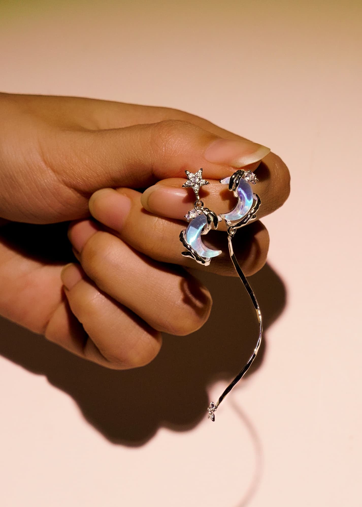 18K White Gold Asymmetric Moon Star Stud Earrings Moonstone