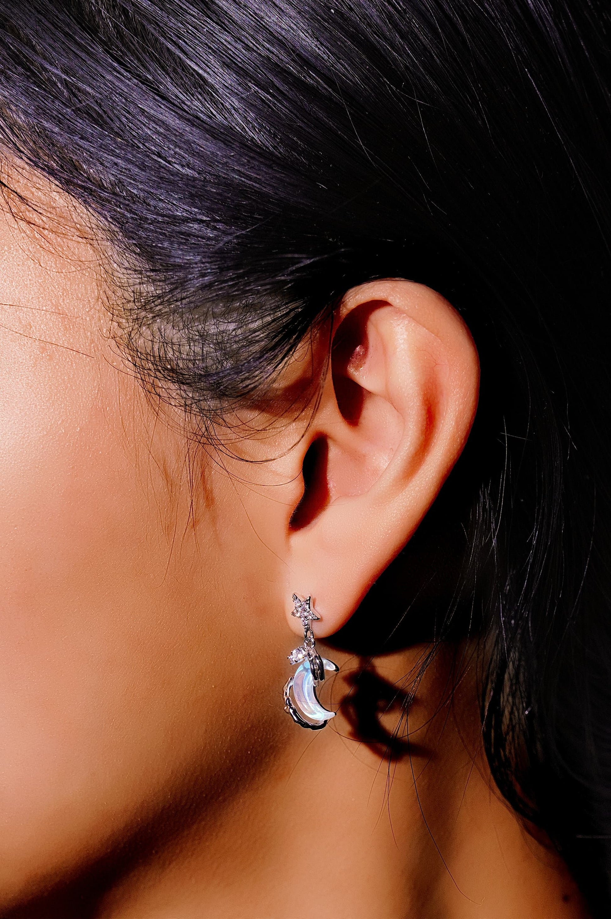 18K White Gold Asymmetric Moon Star Stud Earrings Moonstone