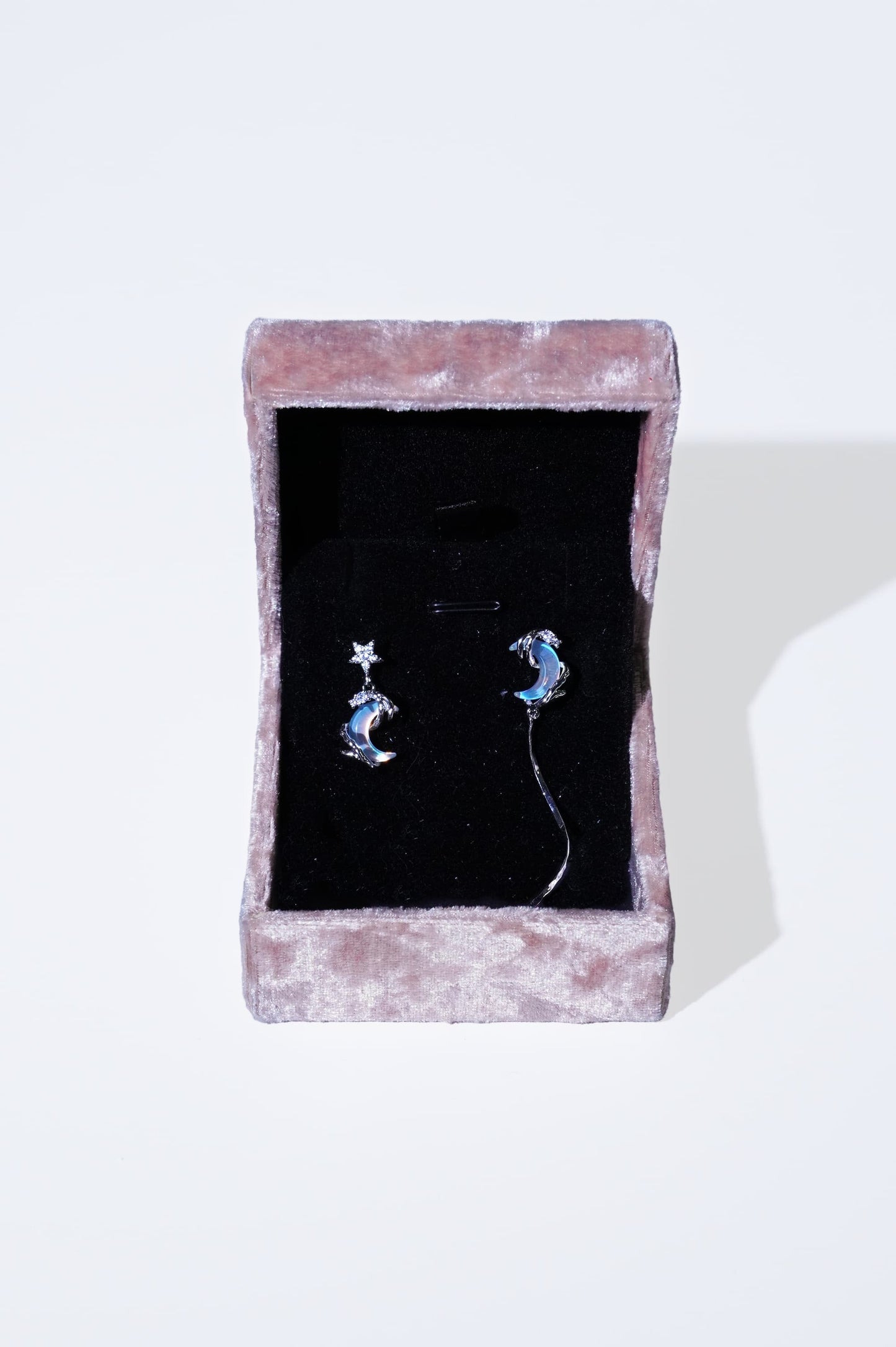 18K White Gold Asymmetric Moon Star Stud Earrings Moonstone