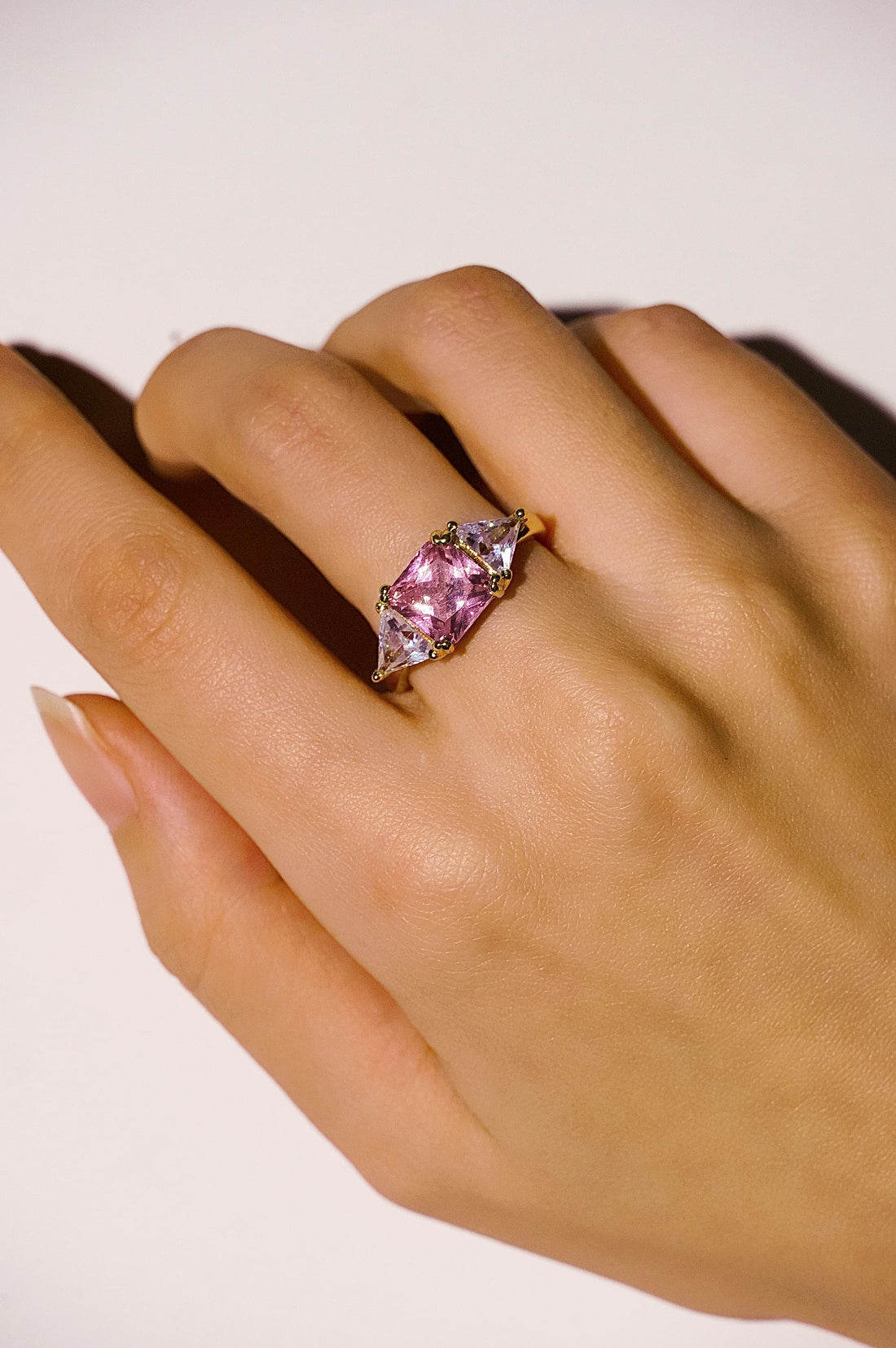 18K Gold Princess Cut Pink Cubic Zirconia Stone Ring