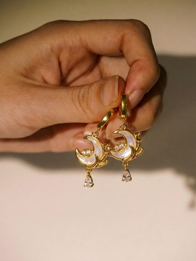 18K Real Gold Plated Moonstone Rose Moon Earrings