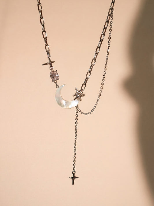 Platinum Plated Moon Star Chain Necklace