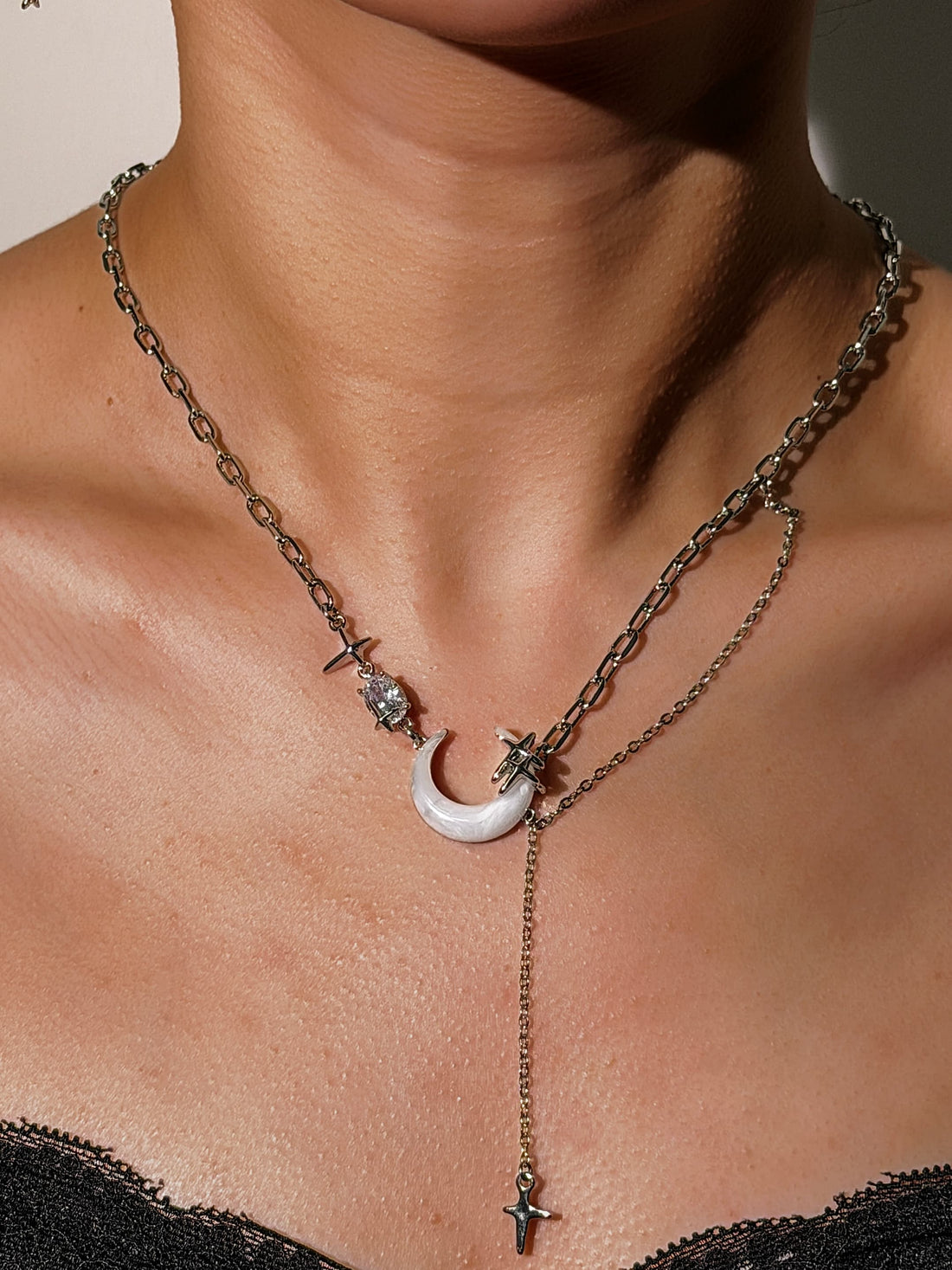 Platinum Plated Moon Star Chain Necklace