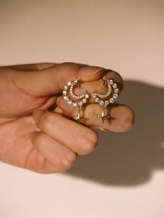 18K Real Gold Plated Diamonds Moon Star Earrings