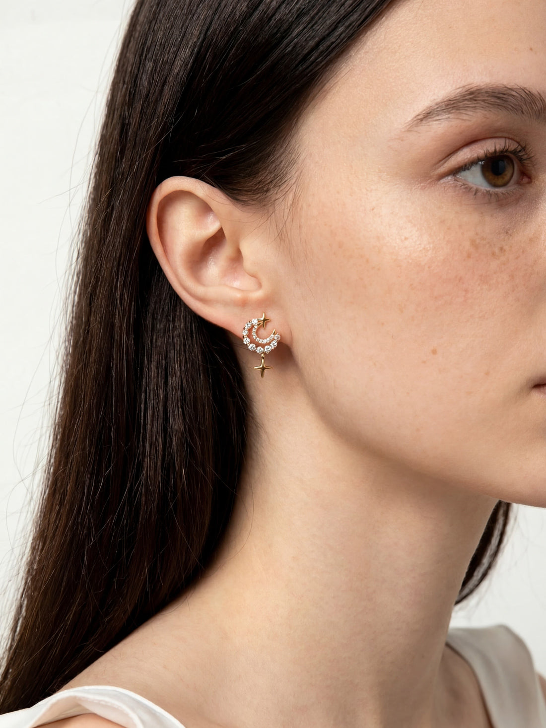 18K Real Gold Plated Diamonds Moon Star Earrings