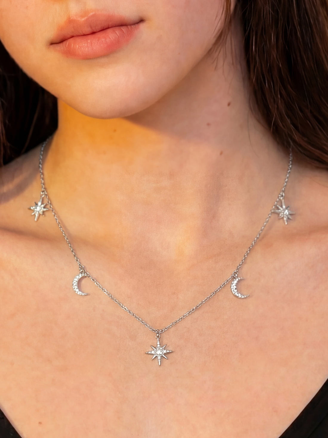 925 Sterling Silver Multi Moon Star Necklace
