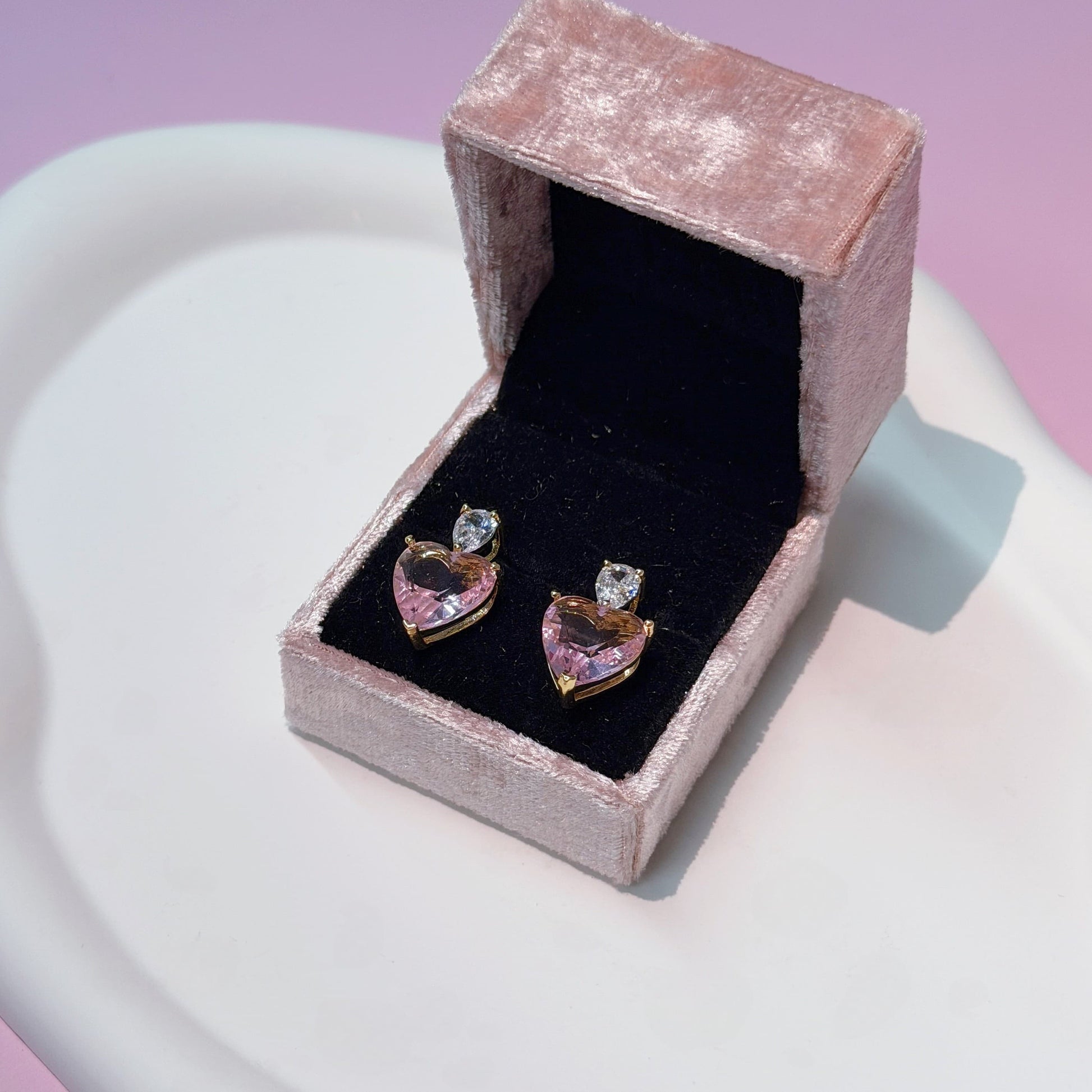 18K Gold Heart Stud Earrings With Pink And Clear Cubic Zirconia