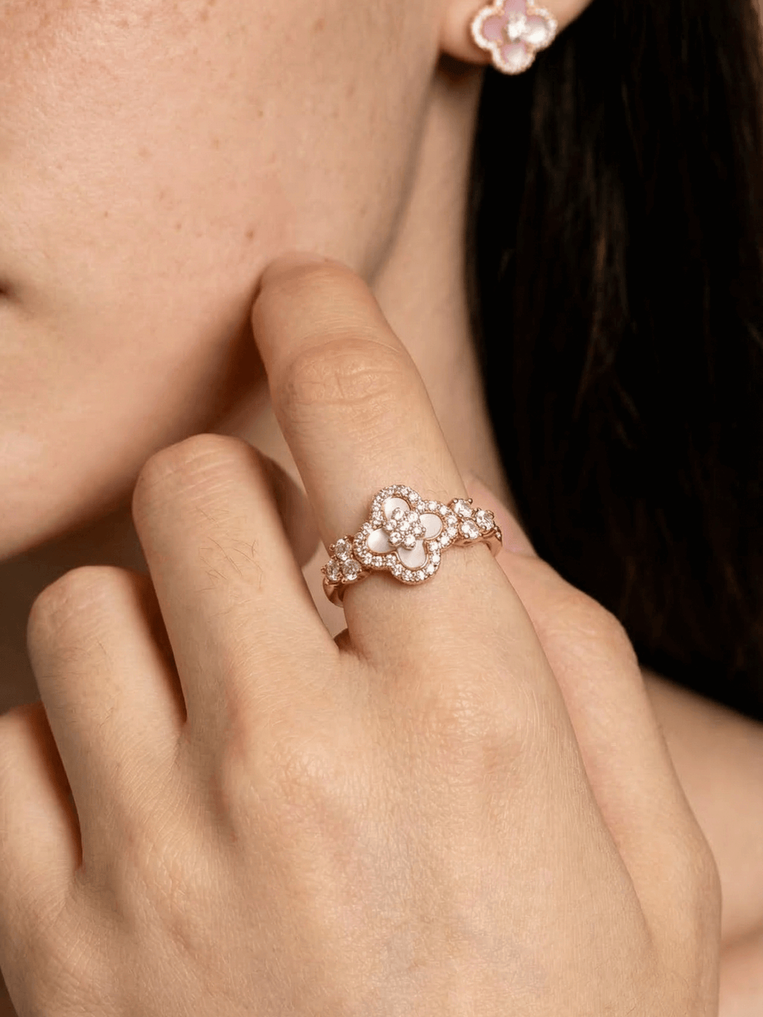 18K Rose Gold Plated Lucky Leaf Shell Pearls Ring