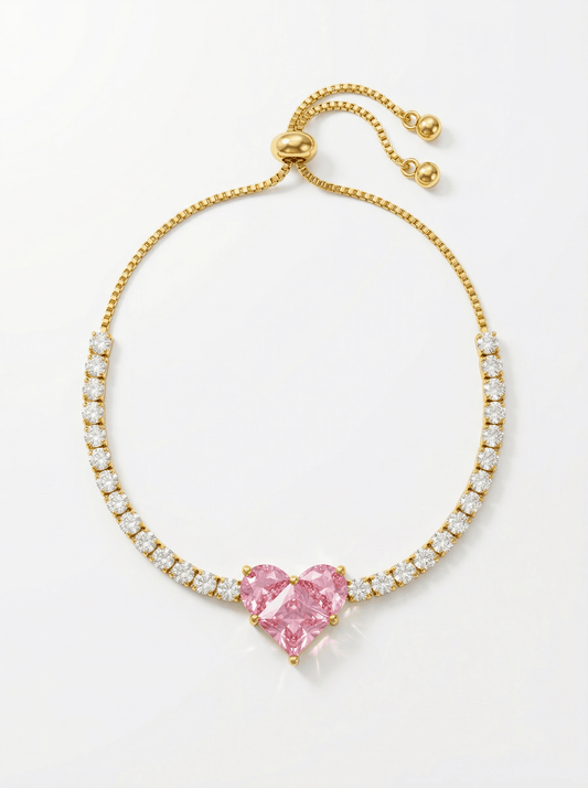 18K Gold Pink Zircon Heart Romance Tennis Bracelet