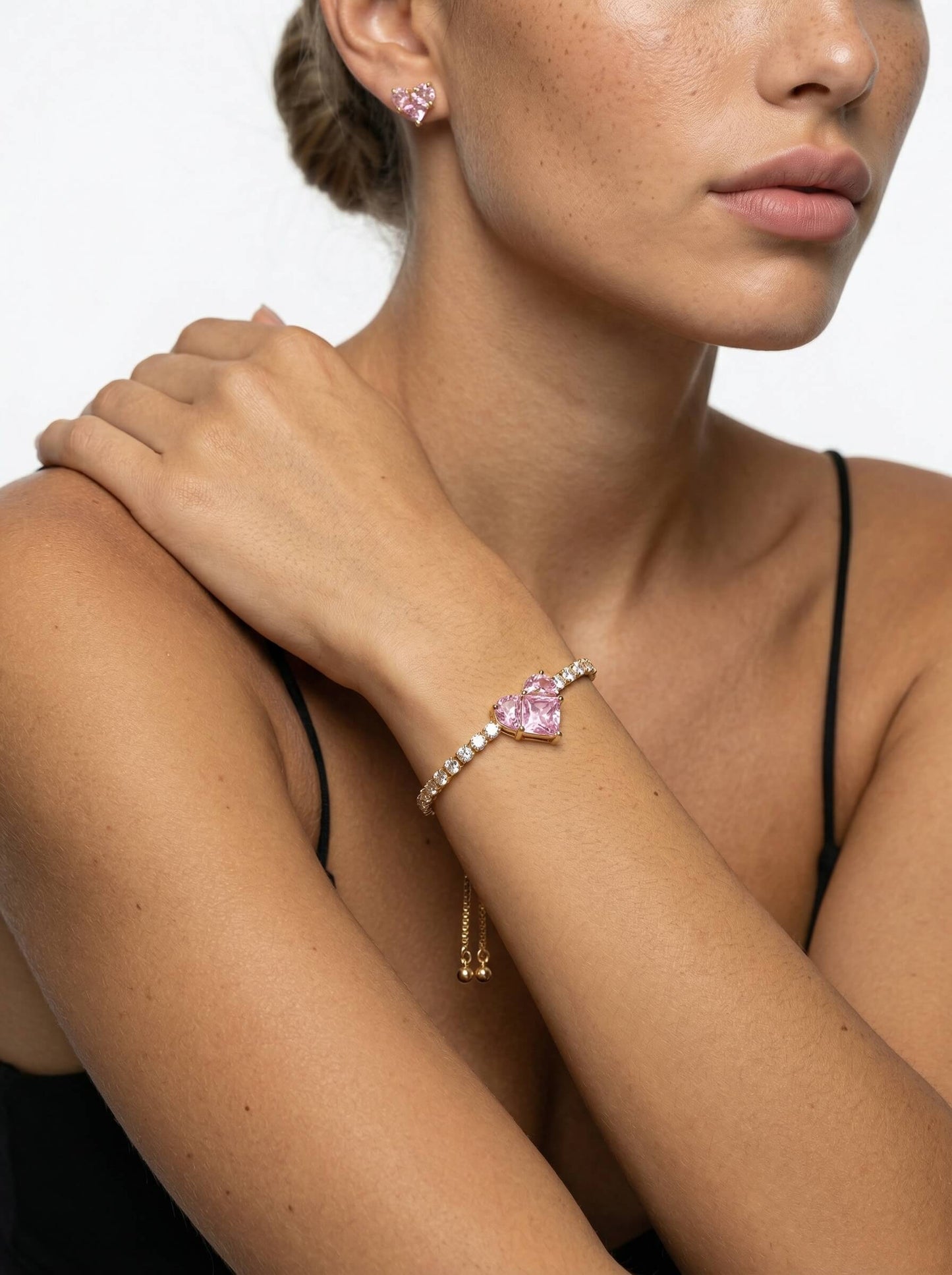 18K Gold Pink Zircon Heart Romance Tennis Bracelet