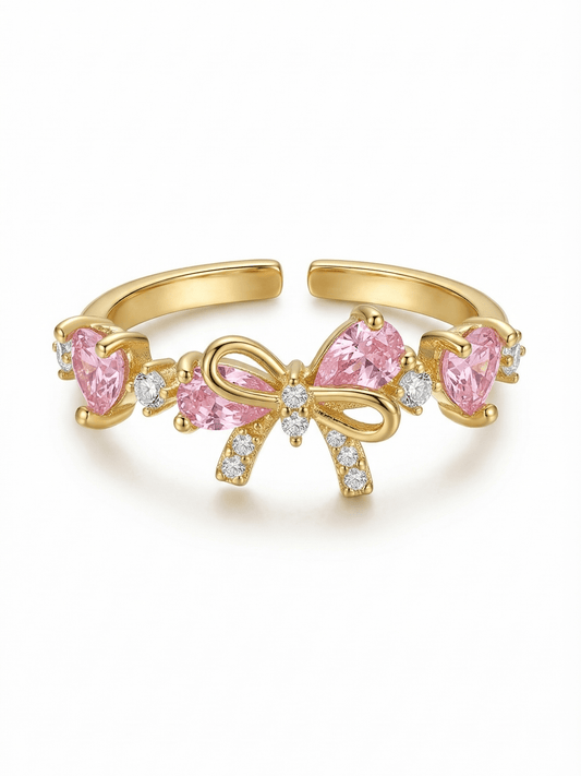 18K Gold Pink Heart Candy Bow Ring