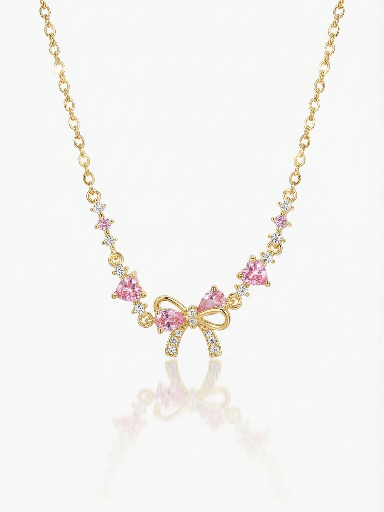 18K Gold Pink Heart Candy Bow Necklace