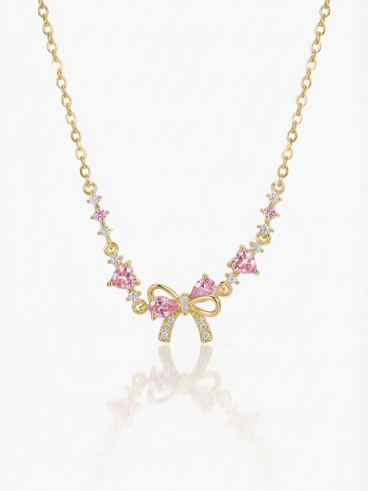 18K Gold Pink Heart Candy Bow Necklace