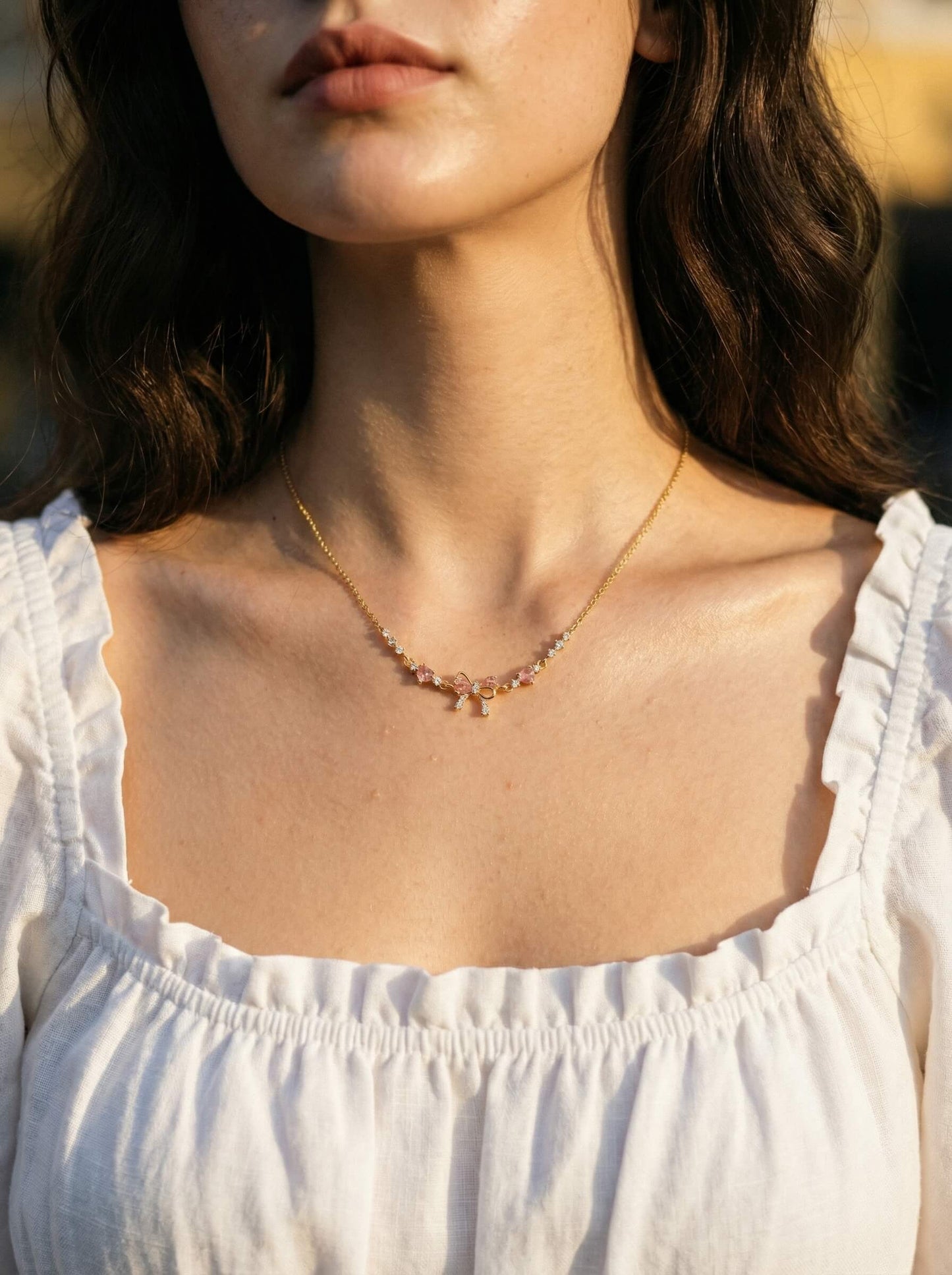 18K Gold Pink Heart Candy Bow Necklace