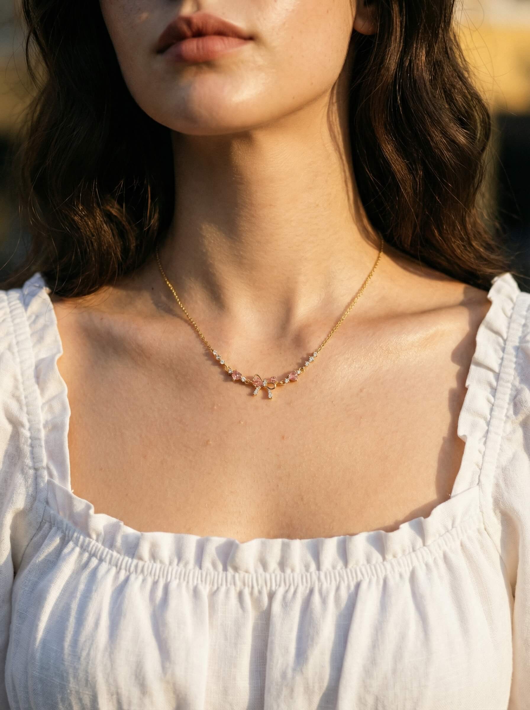 18K Gold Pink Heart Candy Bow Necklace