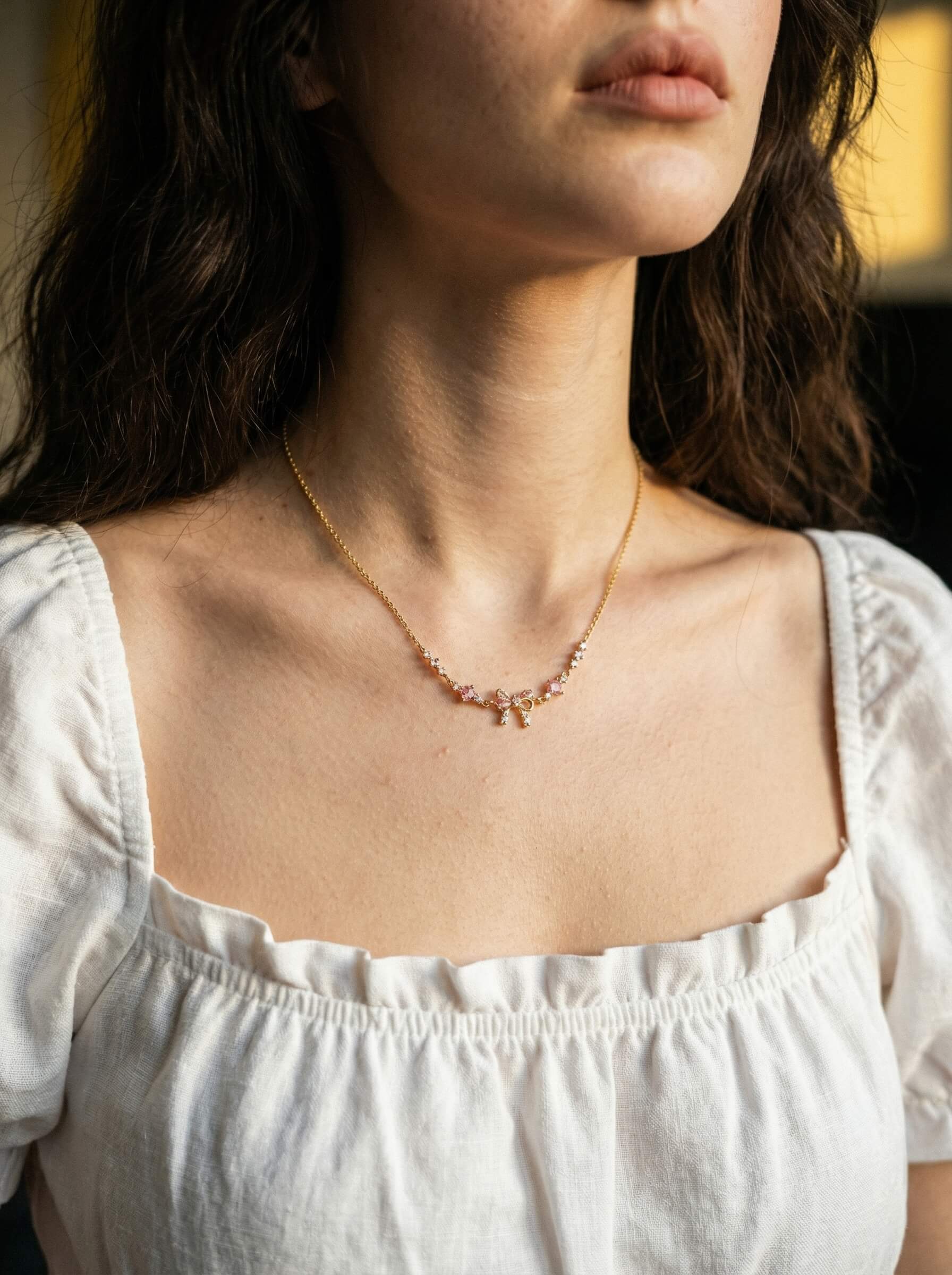 18K Gold Pink Heart Candy Bow Necklace