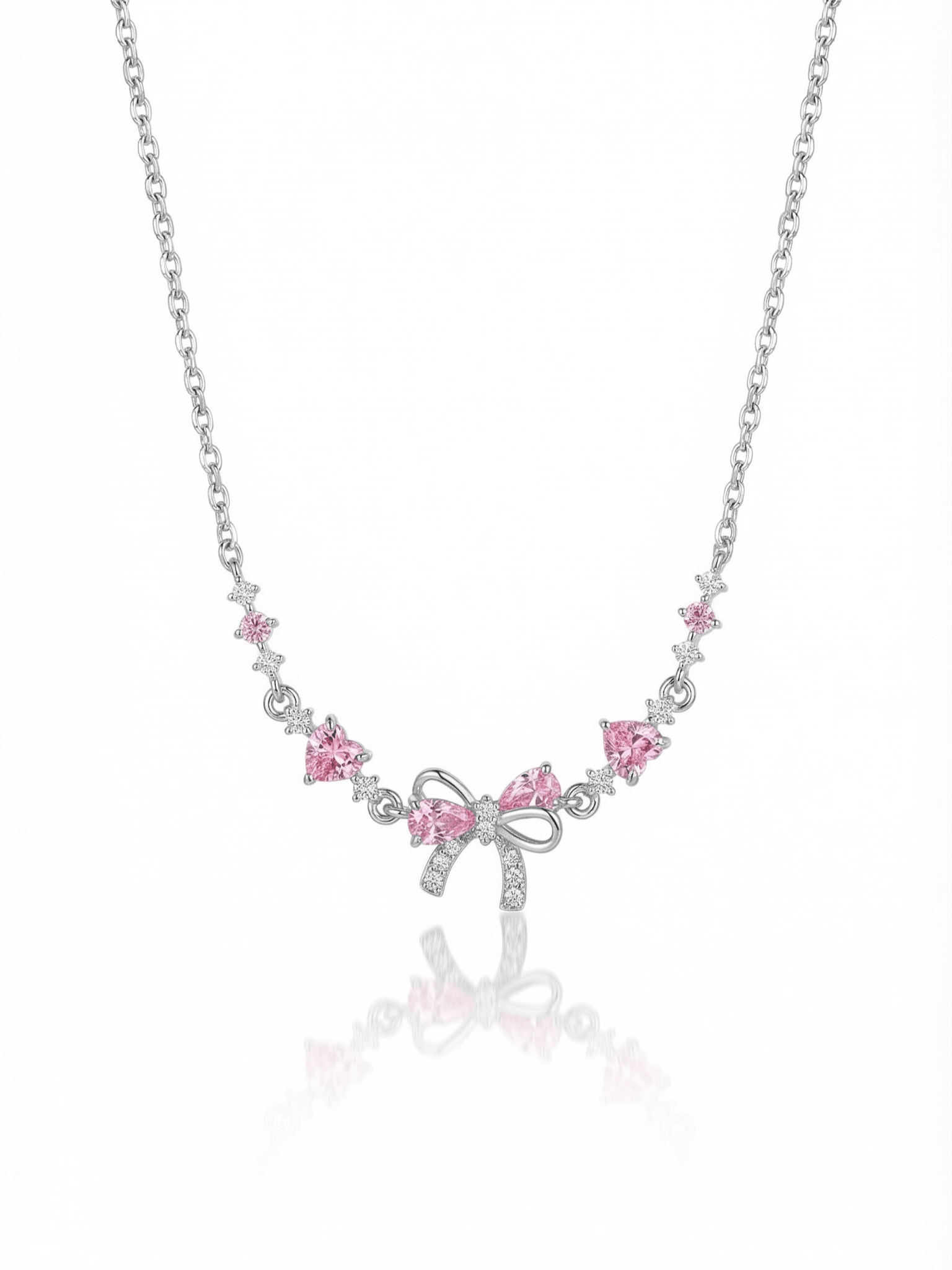 18K Gold Pink Heart Candy Bow Necklace