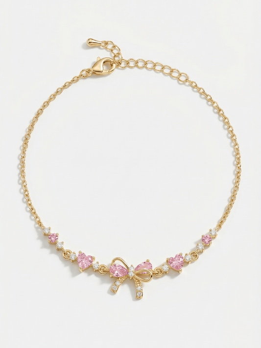 18K Gold Pink Heart Candy Bow Necklace Bracelet