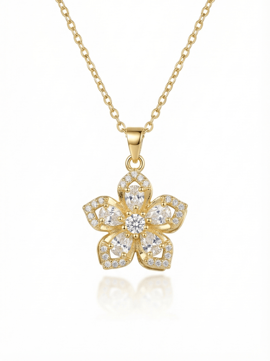 18K Gold Elegant Rotatable Flower Zircon Necklace