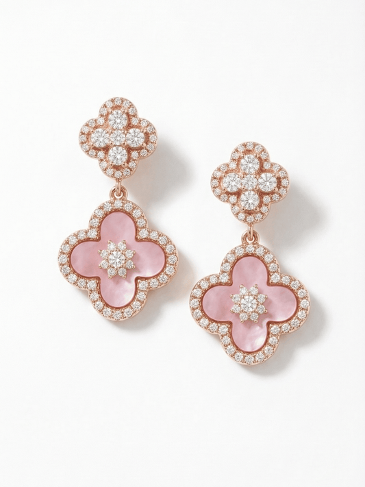 18K Rose Gold Plated Lucky Leaf Shell Pearls Pendant Earrings