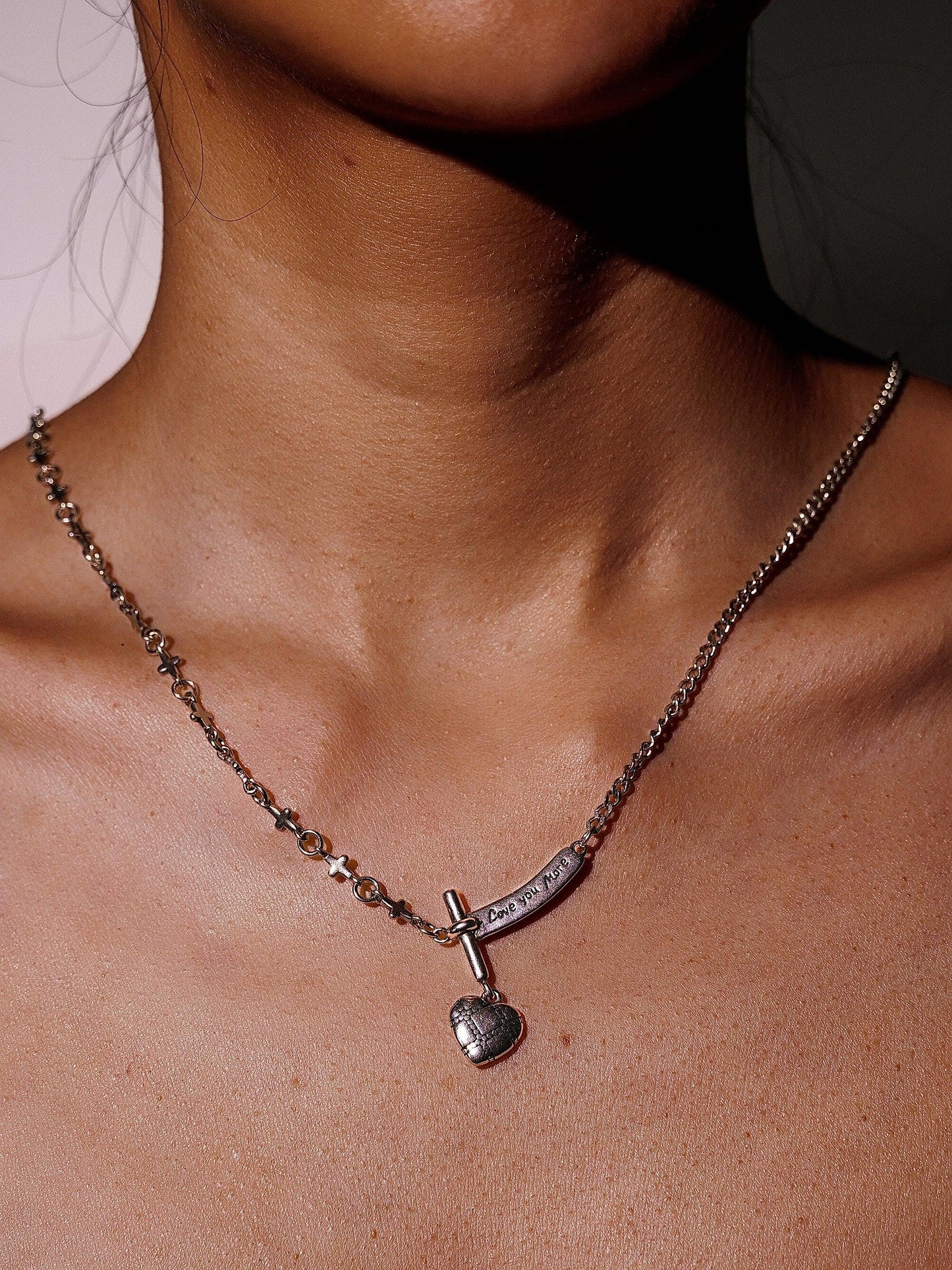 Silver Vintage Heart Necklace With Cross Chain-04